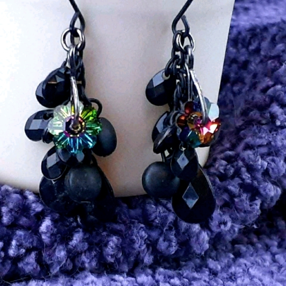 Rainbow Flower Crystal & Black Earrings